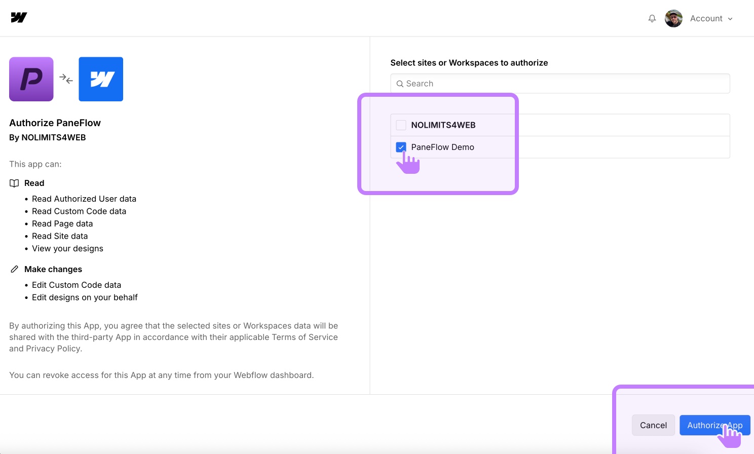 PaneFlow Webflow Connect