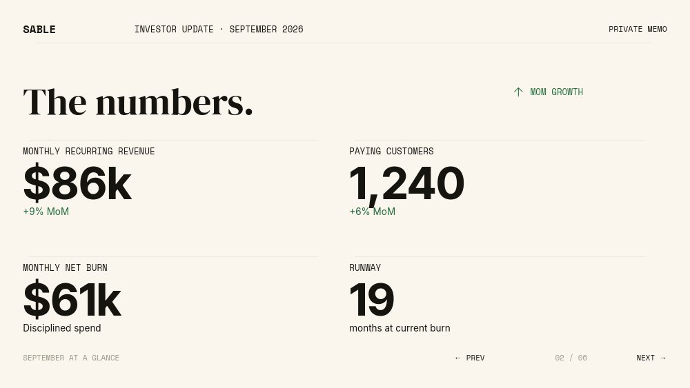 Monthly Investor Update - One-Pager Deck Template - pane 2